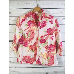 JM Collection Womens Linen Blouse Sz 6 Petite Pink Green Floral Flowers Ladies